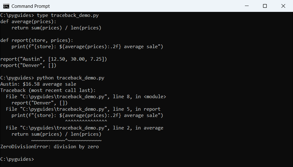 Command Prompt output of a Python traceback ending in ZeroDivisionError when averaging an empty list of prices