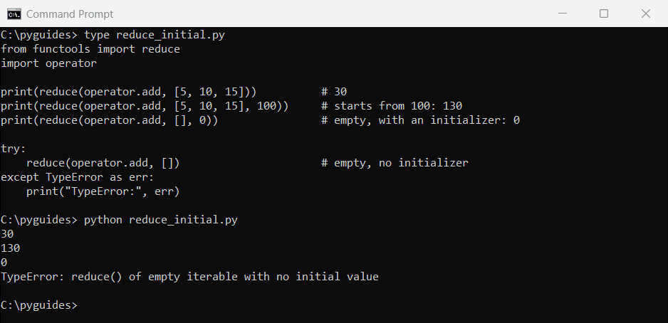python reduce empty iterable with no initial value typeerror command prompt Command Prompt output of Python reduce with and without an initializer, including the TypeError for an empty iterable