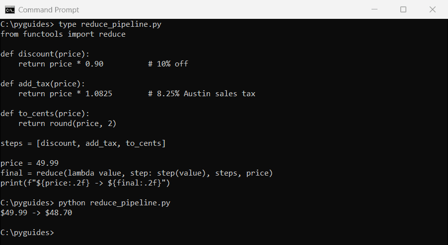 python reduce function pipeline discount tax command prompt Command Prompt output of Python reduce applying discount, Texas sales tax and rounding functions to a price in order