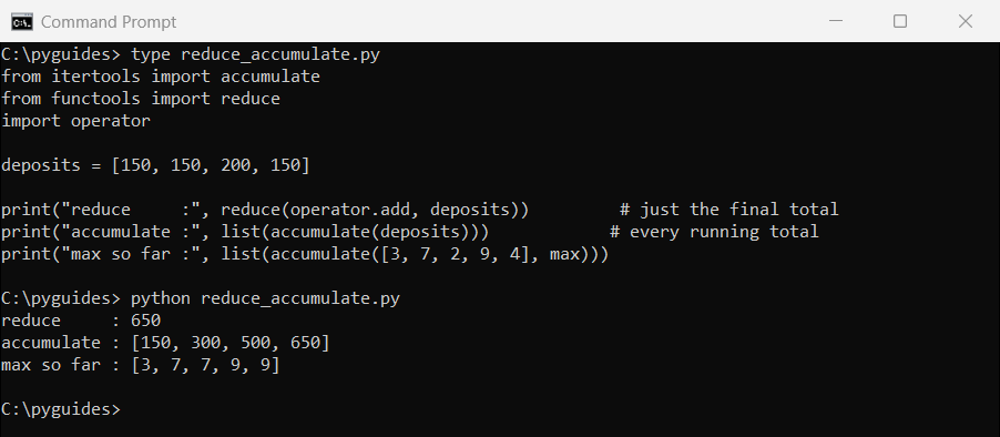 python reduce vs itertools accumulate running total command prompt Command Prompt output comparing Python reduce returning a single total with itertools accumulate returning running totals