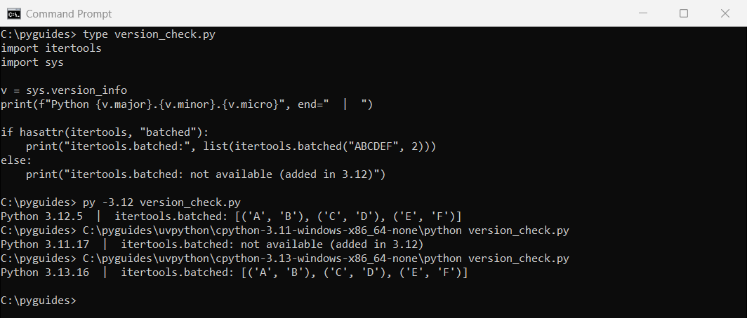 python run same script on 3 11 3 12 3 13 command prompt Command Prompt running the same Python script on 3.12 with the py launcher and on 3.11 and 3.13 by full path, where 3.11 lacks itertools.batched