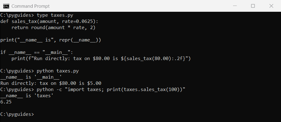 Command Prompt showing a Python script's __name__ when run directly versus when imported with python -c