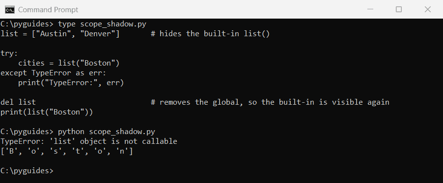 Command Prompt output of Python TypeError list object is not callable after a variable named list hides the built-in