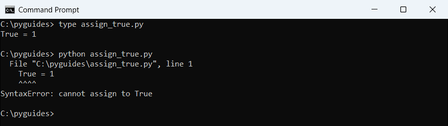 Command Prompt showing Python SyntaxError cannot assign to True