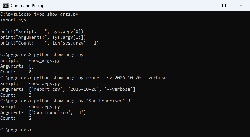 python sys argv command line arguments command prompt Command Prompt running a Python script three times and printing the sys.argv list each time