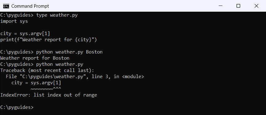 python sys argv indexerror missing argument command prompt Command Prompt showing a Python IndexError list index out of range when a sys.argv argument is missing