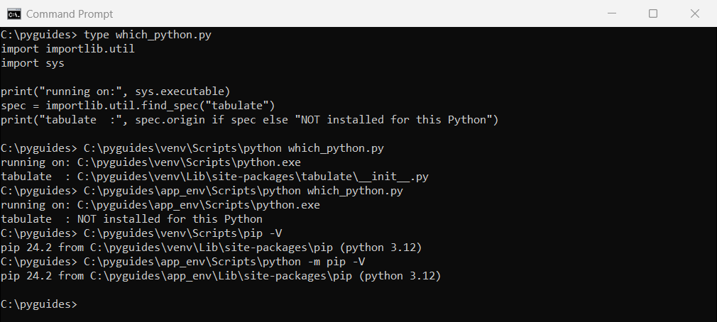 Command Prompt output of sys.executable and importlib find_spec for two Python interpreters plus pip -V showing which Python each pip belongs to