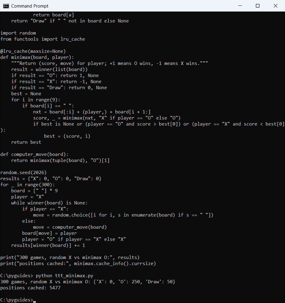 Command Prompt output of a Python minimax tic tac toe AI playing 300 games against random moves without losing once