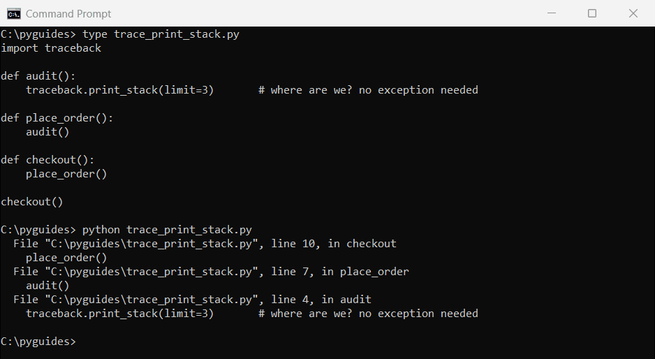 python traceback print stack current call stack command prompt Command Prompt output of Python traceback.print_stack showing the call chain checkout, place_order, audit without any exception