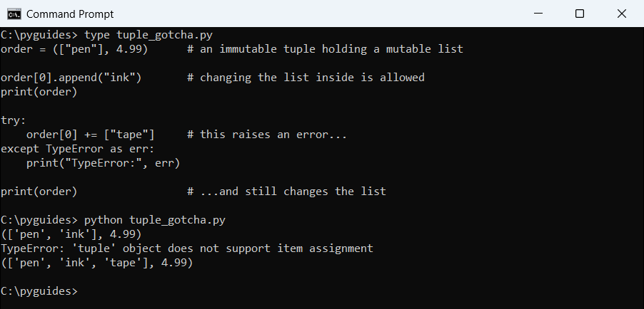 Command Prompt output of a Python tuple containing a list where += raises TypeError but the list is still changed