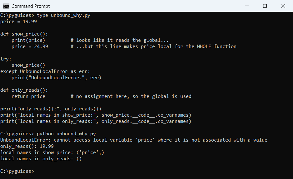Command Prompt output showing a Python function that assigns to price later fails on the earlier print, and co_varnames listing price as local