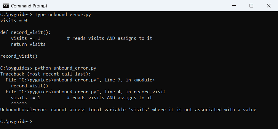 Command Prompt showing a Python UnboundLocalError traceback cannot access local variable visits where it is not associated with a value