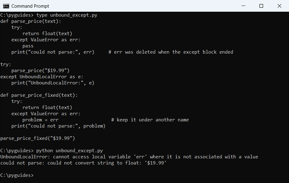 Command Prompt output showing a Python exception variable from except as err raising UnboundLocalError after the except block ends