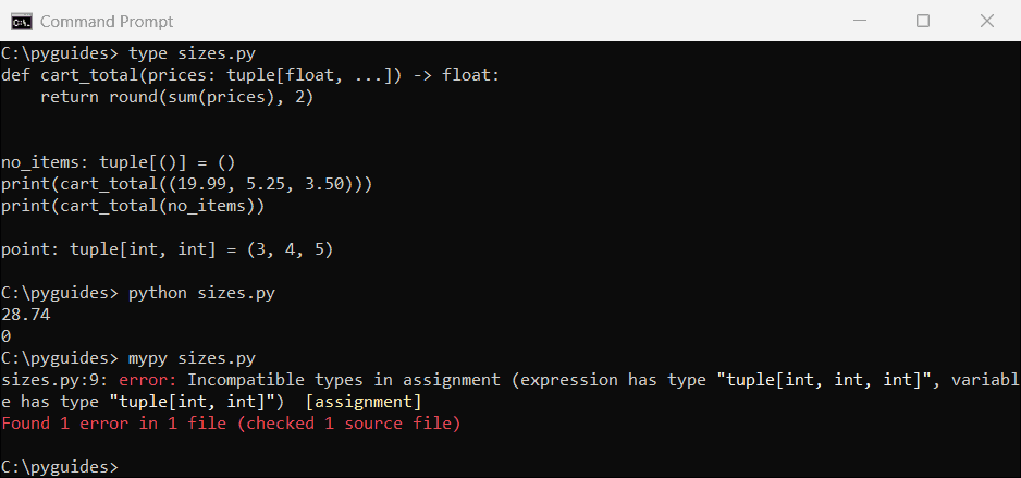 Command Prompt output of a tuple[float, ...] function and mypy rejecting three items for tuple[int, int]