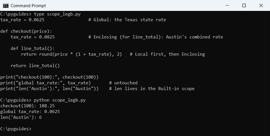 Command Prompt output of a Python LEGB example where a nested function uses the enclosing tax rate instead of the global one