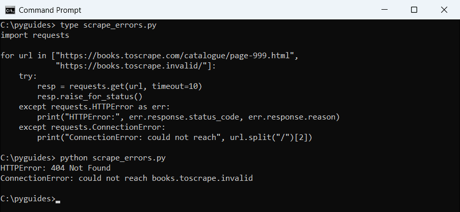 python web scraping httperror connectionerror command prompt Command Prompt output of a Python scraper catching an HTTPError 404 and a ConnectionError for an unreachable host