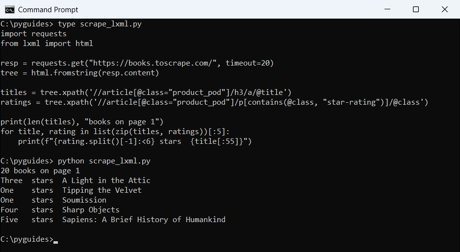 Command Prompt output of Python lxml XPath extracting book titles and star ratings from books.toscrape.com