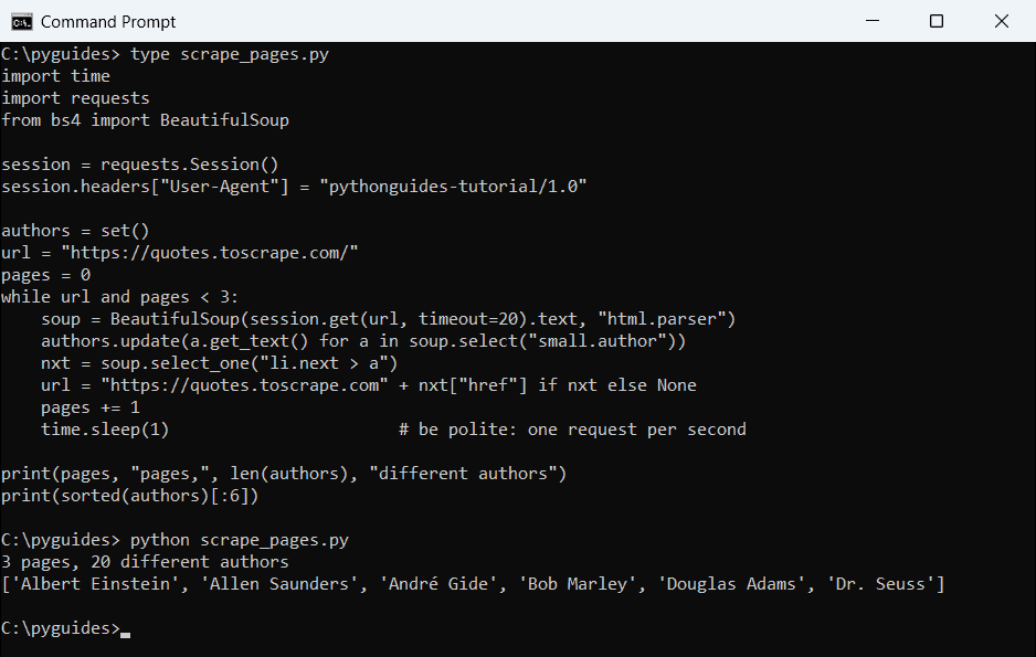 Command Prompt output of a Python scraper following next-page links with a requests Session and collecting unique authors