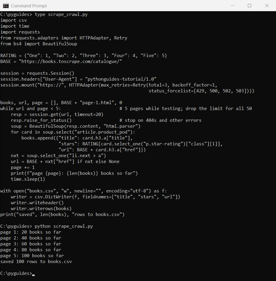 python web scraping pagination retries save csv command prompt Command Prompt output of a Python web scraper crawling five pages with a requests Session and retries, then saving 100 books to CSV