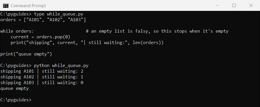 python while loop list not empty pop command prompt Command Prompt output of a Python while loop popping orders from a list until it is empty