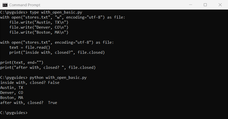 Command Prompt output of Python with open as file writing three US cities, reading them back, and showing the file closed after the block