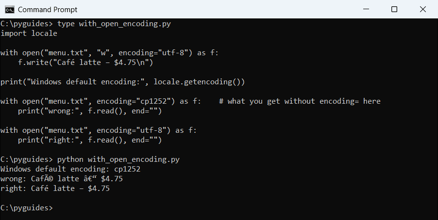 Command Prompt output of a UTF-8 file read with the cp1252 Windows default encoding showing garbled characters, then read correctly with utf-8
