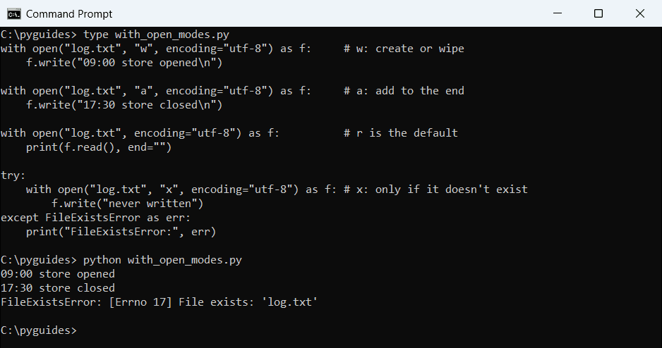 Command Prompt output of Python with open in write, append and read modes, and a FileExistsError from exclusive create mode x