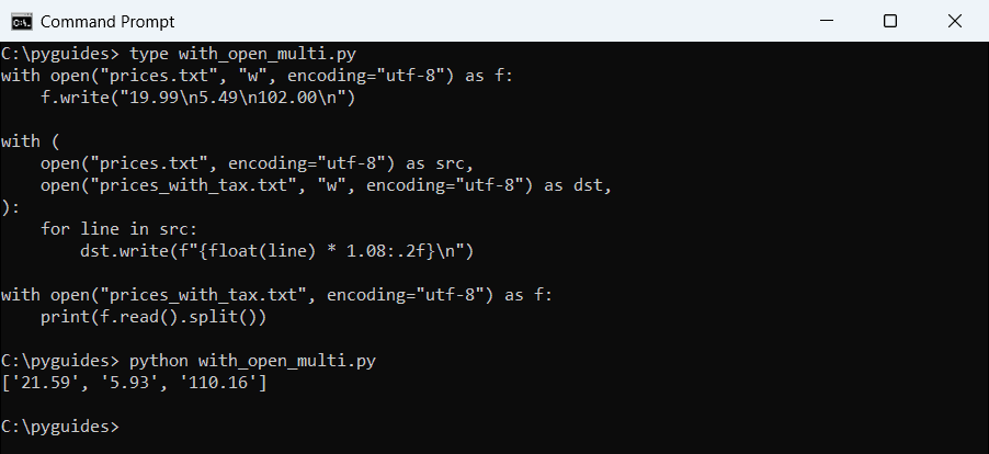 Command Prompt output of a Python with statement opening a source and destination file together to add 8 percent tax to prices