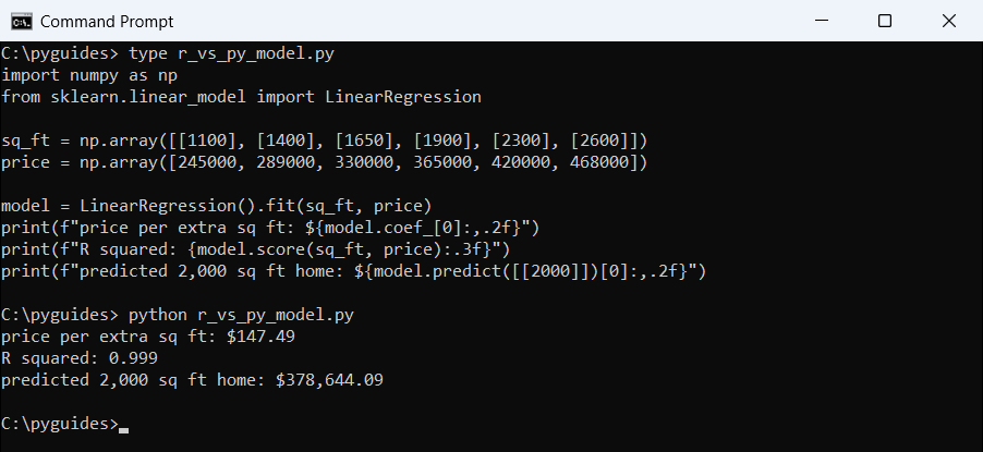 r vs python linear regression scikit learn command prompt Command Prompt output of a scikit-learn linear regression predicting US home prices from square feet in Python