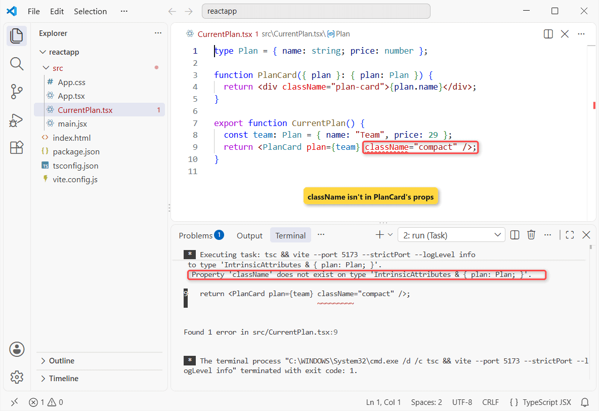 react classname prop ts2322 vs code VS Code showing the TS2322 error because className does not exist on the PlanCard props type, with tsc failing in the terminal