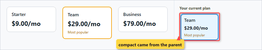 react pass classname prop custom component React page with three plan cards and a compact Team card in a Your current plan sidebar that received the compact class from its parent