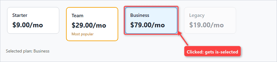 react toggle class on click usestate React plan picker after clicking Business: the Business card has the blue is-selected class and the status line reads Selected plan: Business