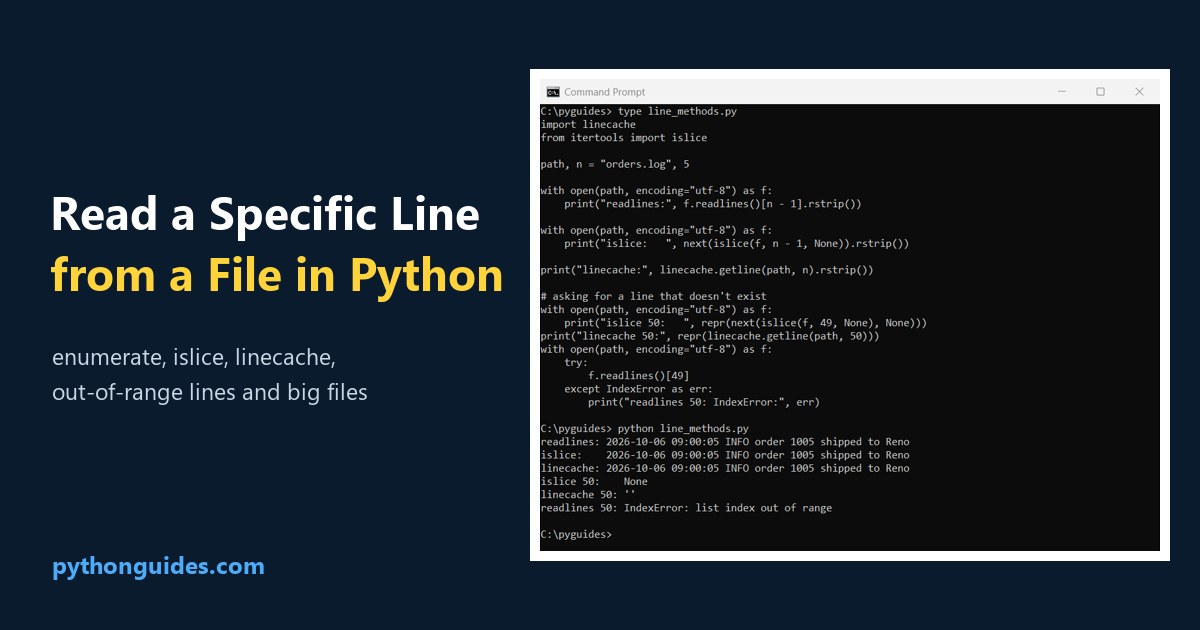 Python read specific line from file: Command Prompt output comparing readlines, islice and linecache