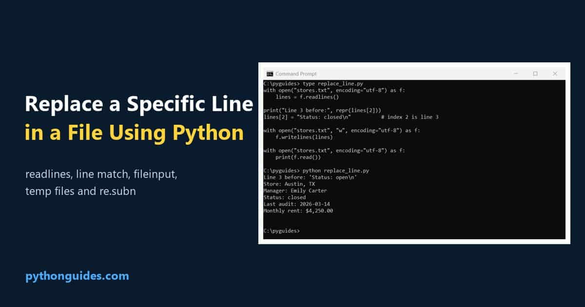 Python replace specific line in file: Command Prompt output of line 3 changed with readlines and writelines
