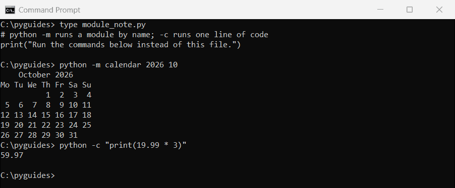 Command Prompt output of python -m calendar 2026 10 and a one-line python -c command