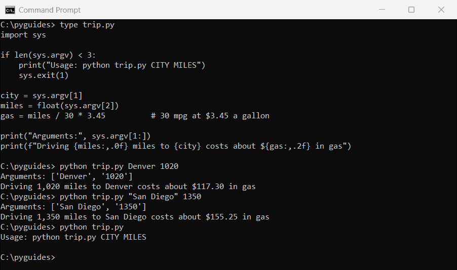 Command Prompt running a Python script with command-line arguments read from sys.argv, including a quoted city name