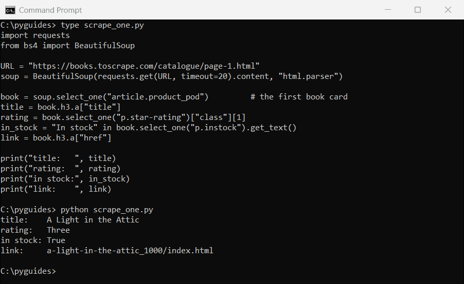 scraping web data with python beautifulsoup one item command prompt Command Prompt output of Python Beautiful Soup extracting the title, star rating, stock status and link of one book