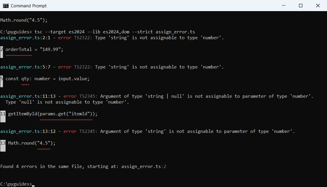 type string is not assignable to type number ts2322 tsc errors Command Prompt showing tsc errors TS2322 Type 'string' is not assignable to type 'number' and TS2345 for string arguments