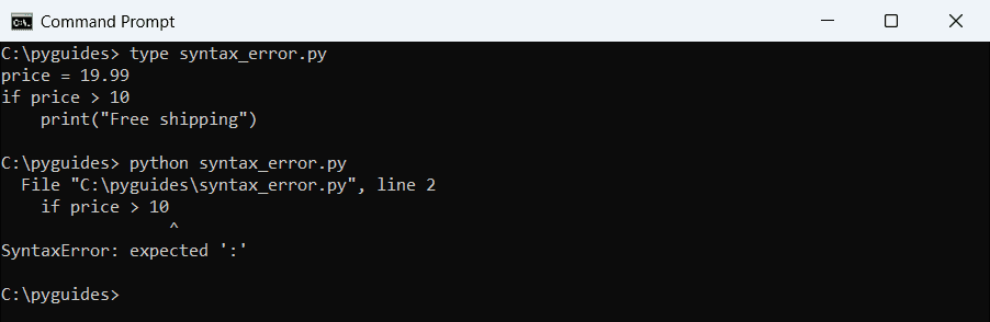 Command Prompt output of a Python SyntaxError expected colon after an if statement, with a caret pointing at the problem