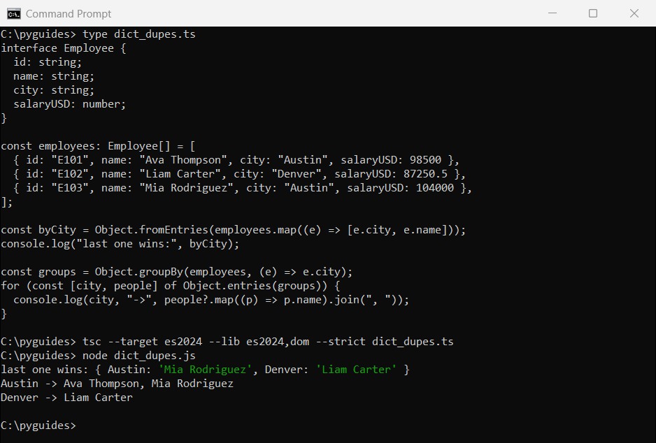Command Prompt output showing duplicate keys overwritten in a TypeScript dictionary and Object.groupBy grouping employees by city
