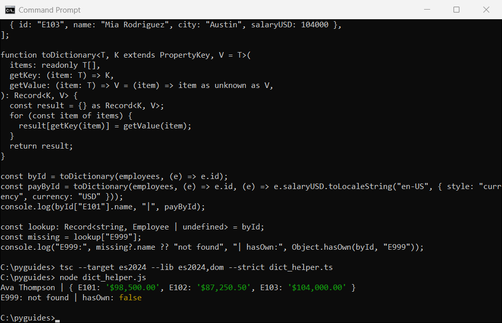 Command Prompt output of a generic TypeScript toDictionary helper with key and value selectors and a missing key lookup