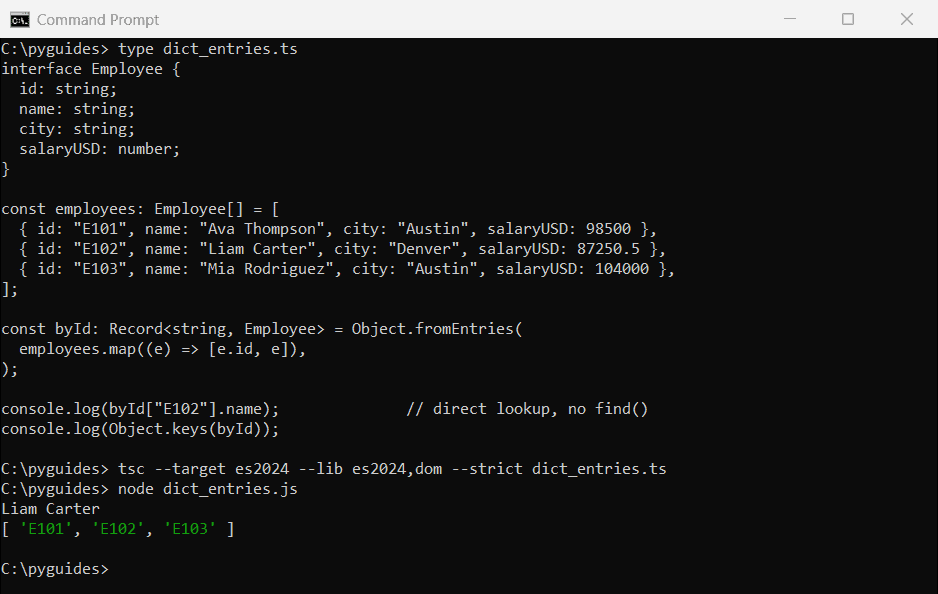 Command Prompt output of TypeScript Object.fromEntries converting an employee array into a dictionary keyed by id