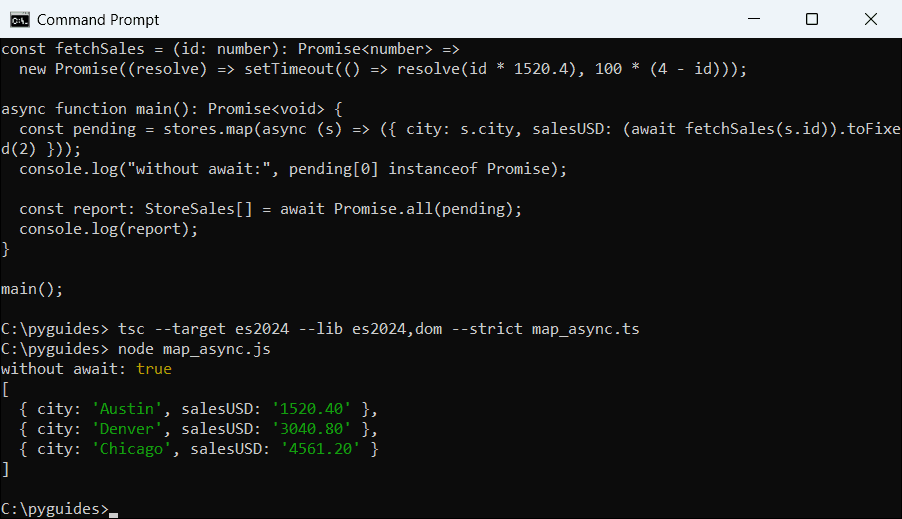 Command Prompt output of TypeScript map with an async callback and Promise.all returning sales per city in USD