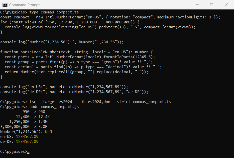 Command Prompt output of TypeScript compact number notation and parsing comma-formatted strings back to numbers