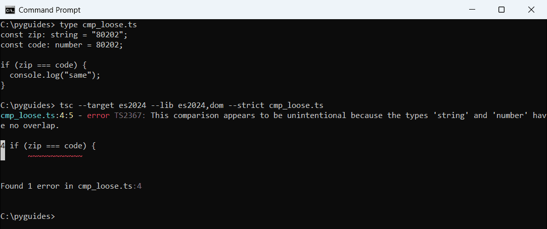 Command Prompt output of the TypeScript compiler error: this comparison appears to be unintentional because string and number have no overlap
