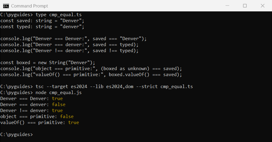 Command Prompt output of TypeScript comparing strings with === and !==, plus a String object versus a primitive