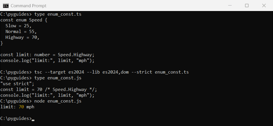 typescript const enum inlined number compiled js command prompt Command Prompt showing compiled JavaScript where a TypeScript const enum member is inlined as the number 70