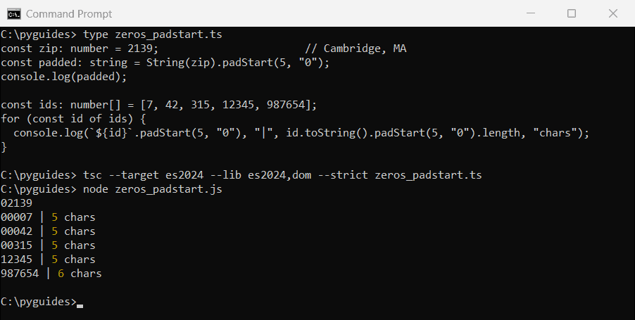 Command Prompt output of TypeScript padStart turning the numbers 2139, 7, 42 and 315 into five-character strings with leading zeros