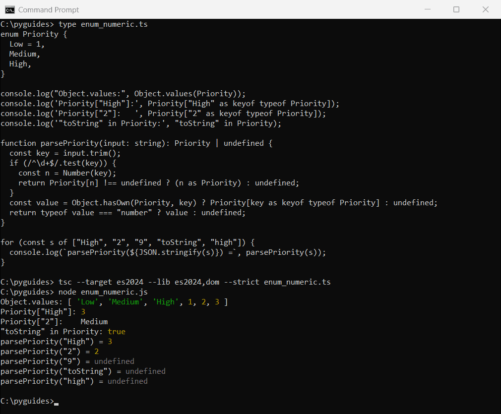 typescript convert string to numeric enum reverse mapping command prompt Command Prompt output of converting strings to a TypeScript numeric enum, showing reverse mapping and a safe parsePriority function