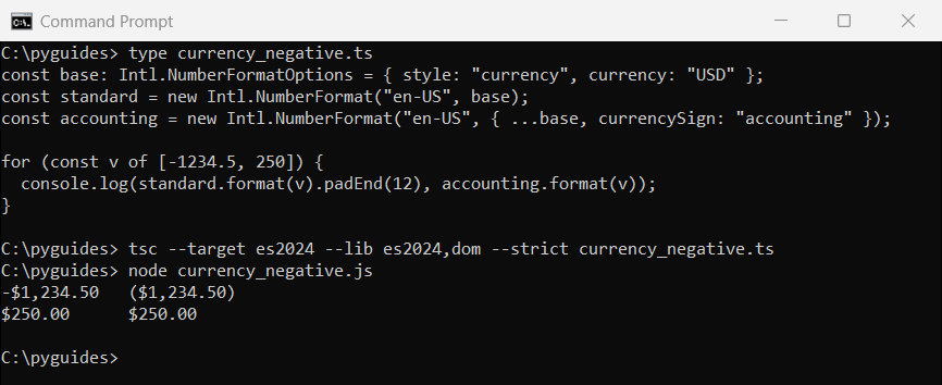 typescript currency accounting negative parentheses command prompt Command Prompt output of TypeScript currency formatting negative amounts with a minus sign and in accounting parentheses